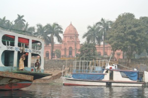 The Pink Palace, as viewed from a boat on the river. 